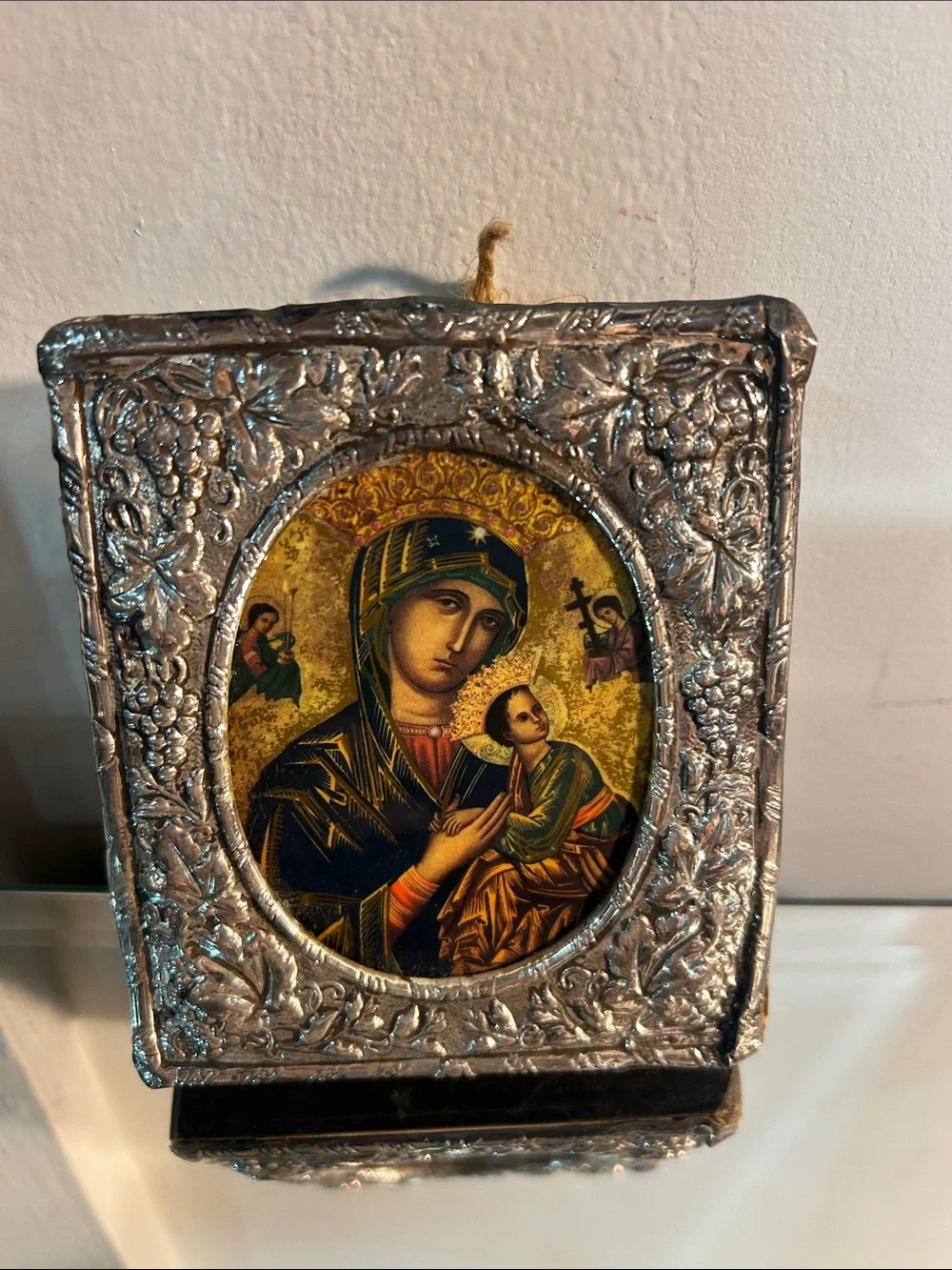 Religious Icon Plaque with Silver Embossed Frame - Gold and Blue 4.5” x 4”